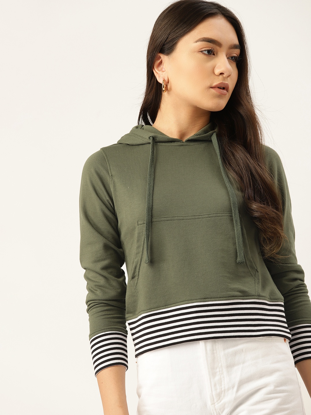 

DressBerry Women Olive Green Hooded Crop Sweatshirt