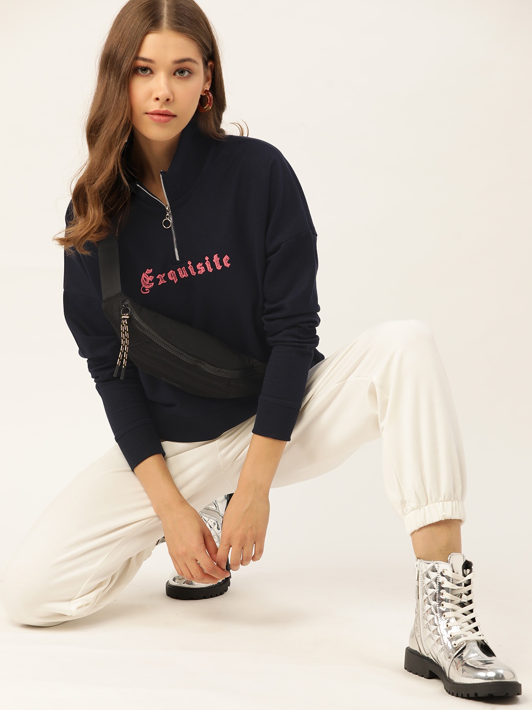 

DressBerry Women Navy Blue Pure Cotton Printed Detail Sweatshirt