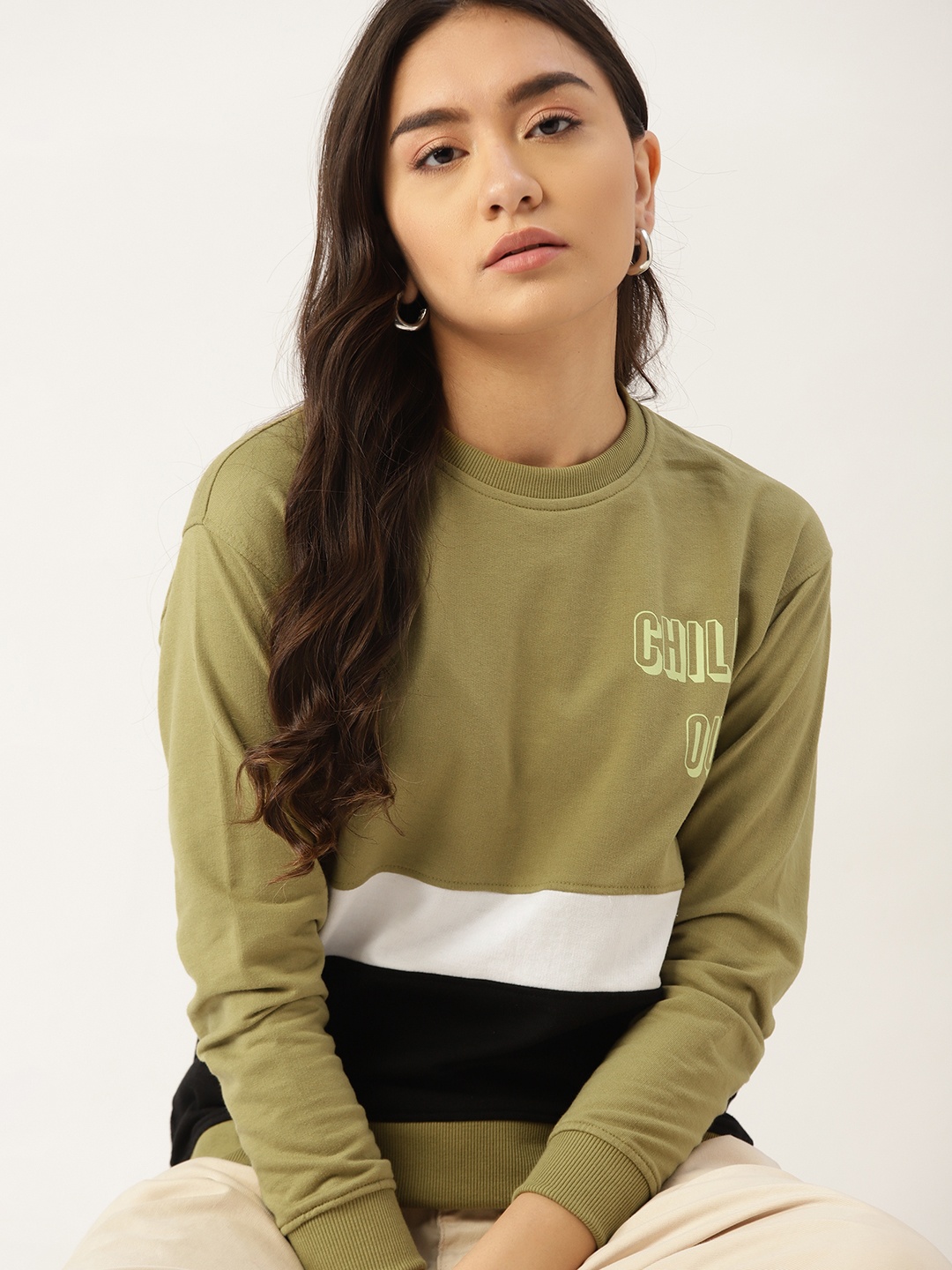 

DressBerry Women Khaki & Black Colourblocked Sweatshirt