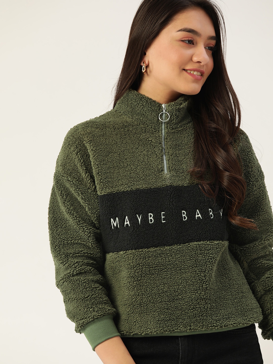 

DressBerry Women Olive Green & Black Colourblocked Sherpa Sweatshirt