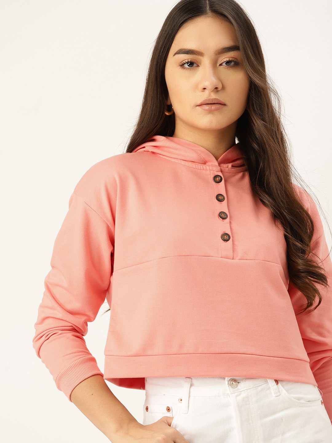 

DressBerry Women Peach-Coloured Hooded Crop Sweatshirt