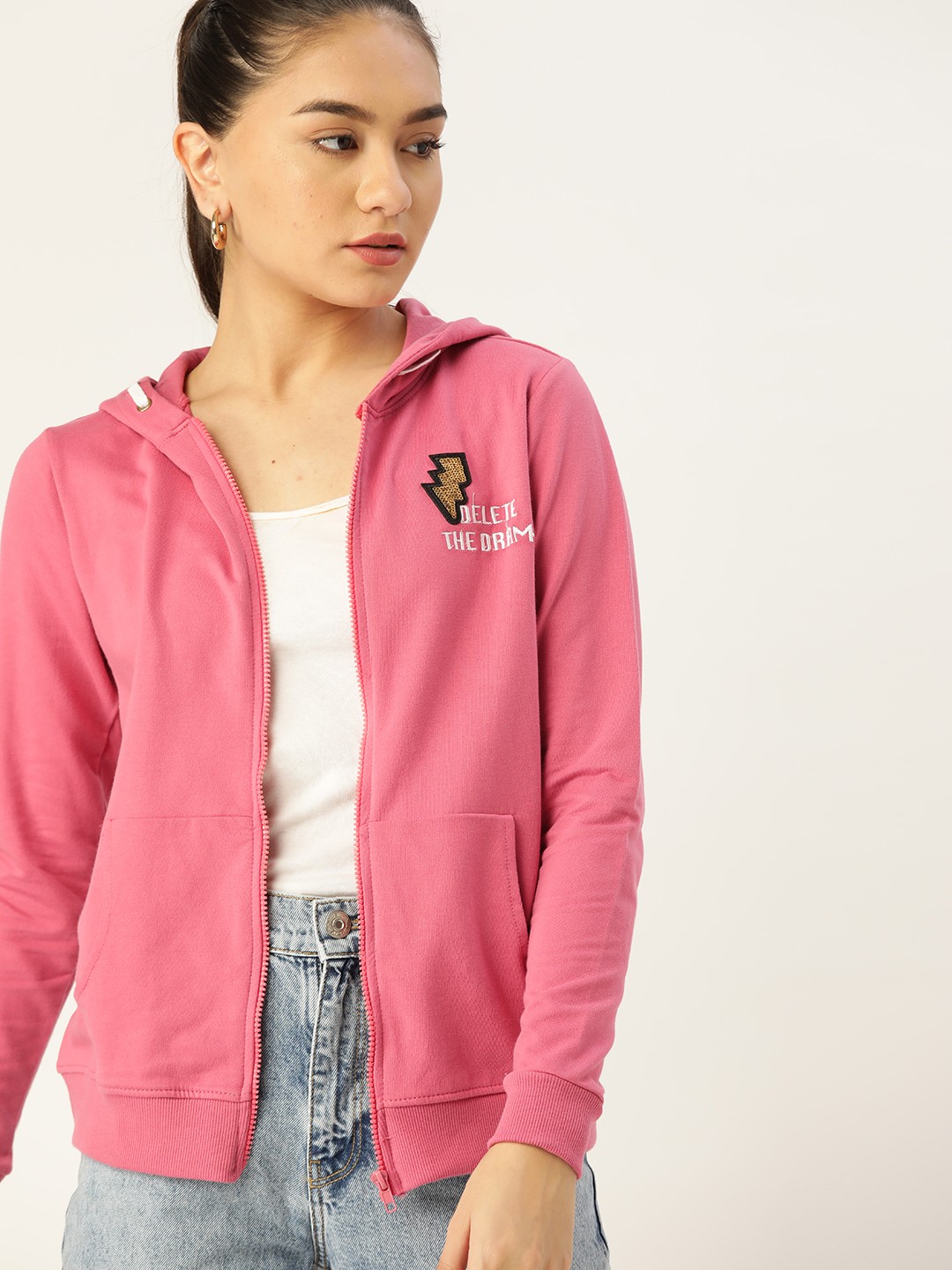 

DressBerry Women Pink Solid Cotton Hooded Sweatshirt With Applique & Embroidered Detail