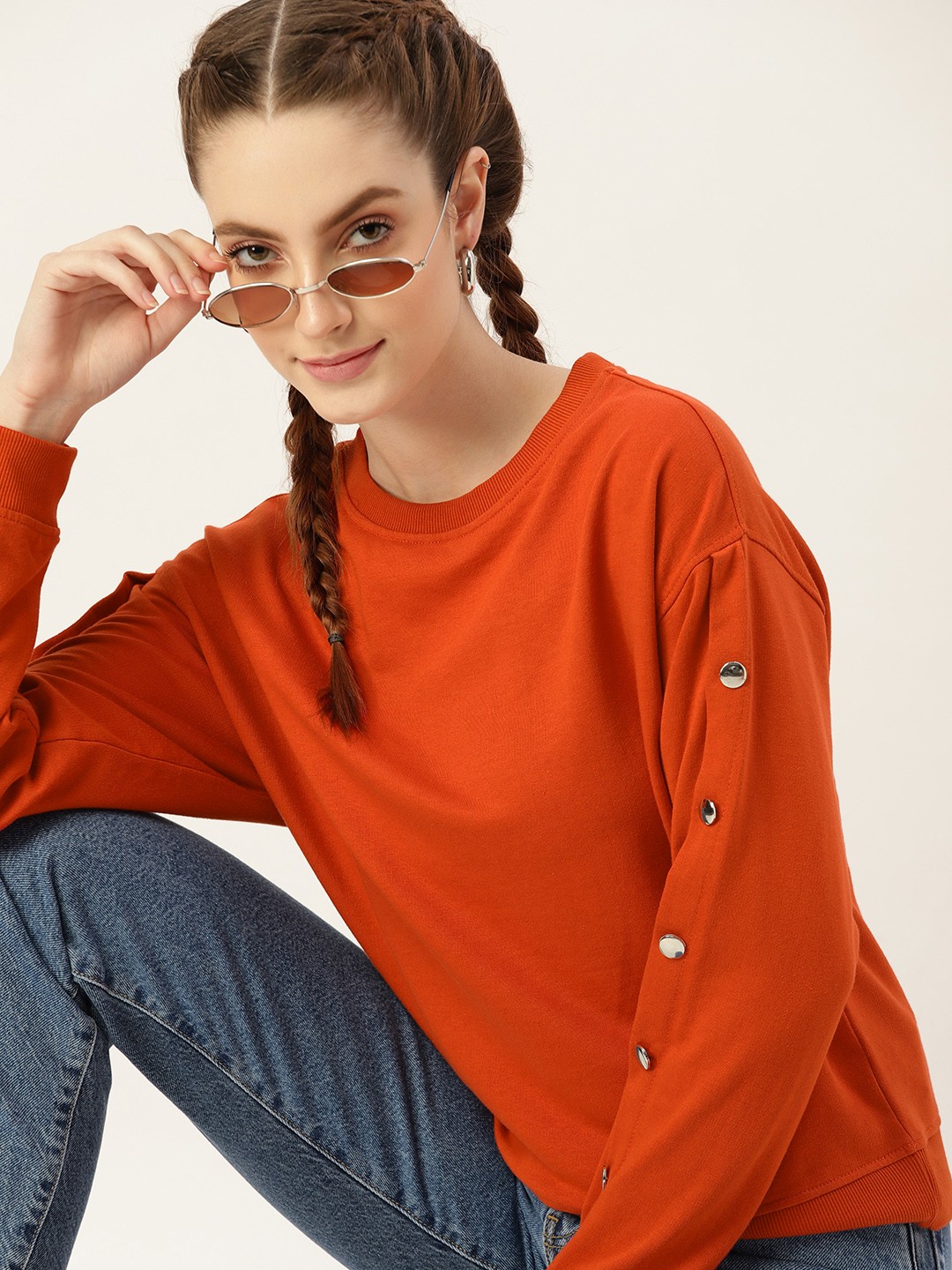 

DressBerry Women Rust Orange Solid Sweatshirt