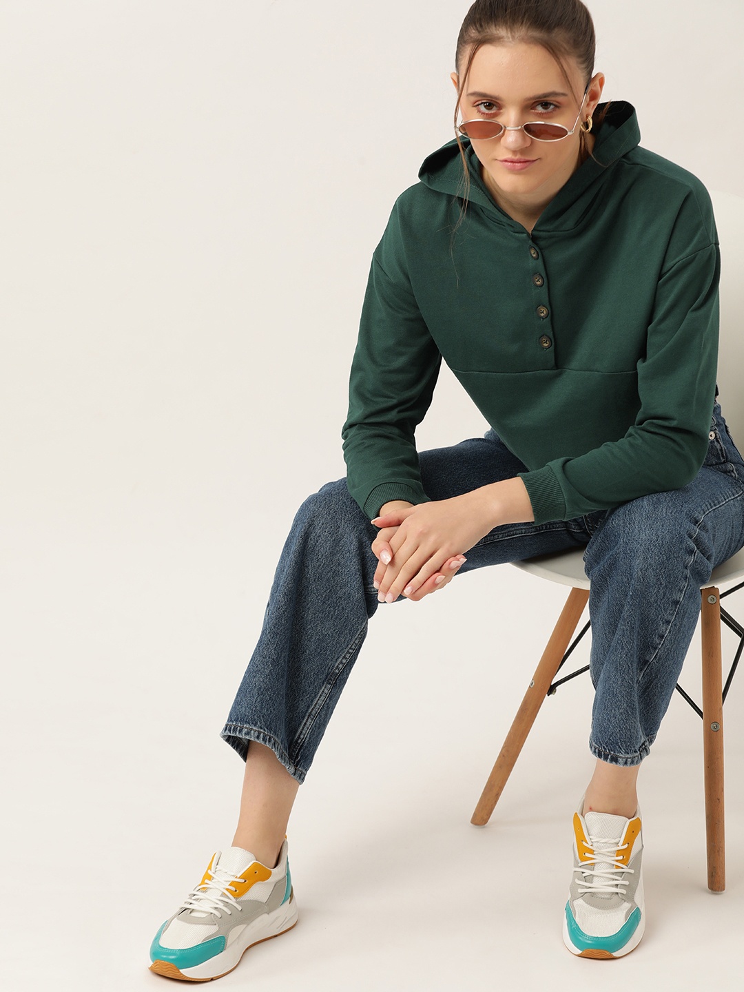 

DressBerry Women Green Solid Hooded Sweatshirt