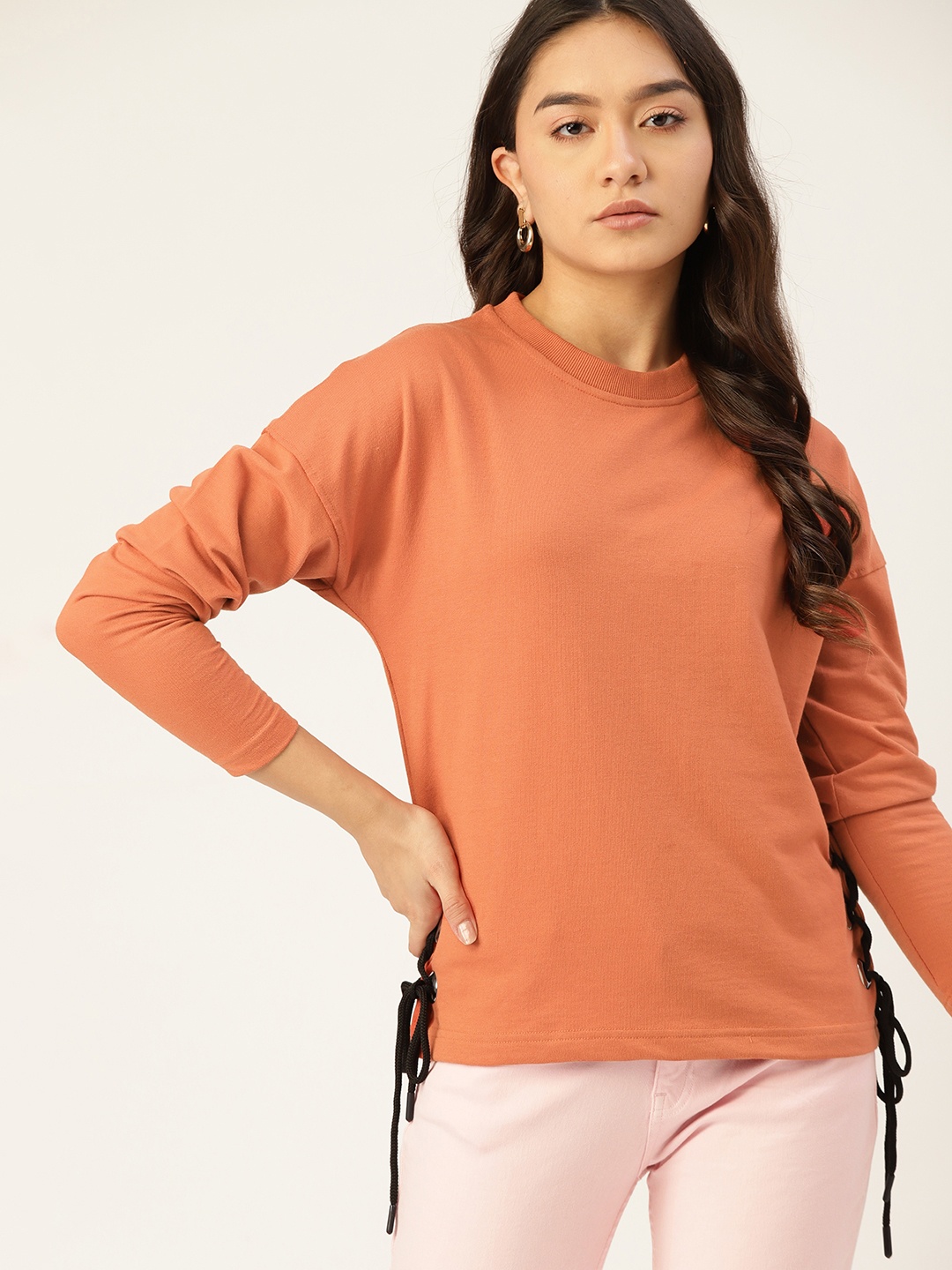 

DressBerry Women Rust Orange Sweatshirt with Tie-Ups