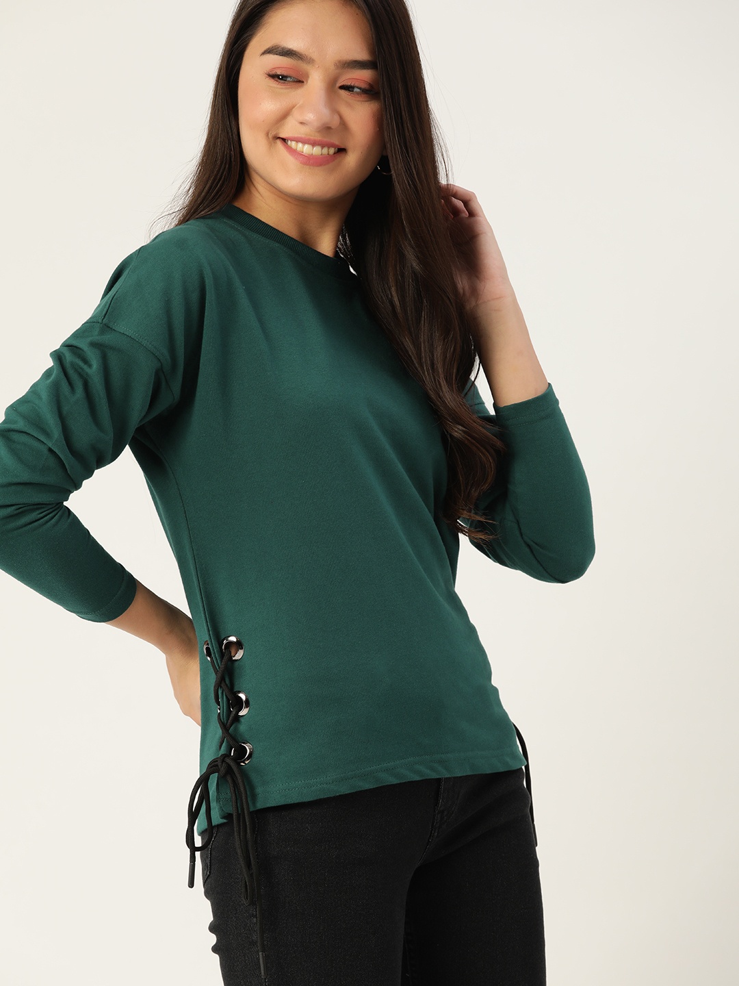 

DressBerry Women Teal Green Sweatshirt with Side Lace-Ups