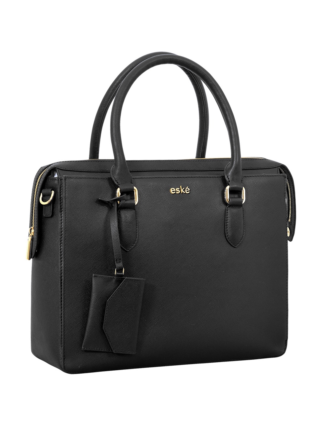 

Eske Black Leather Structured Handheld Bag with Applique