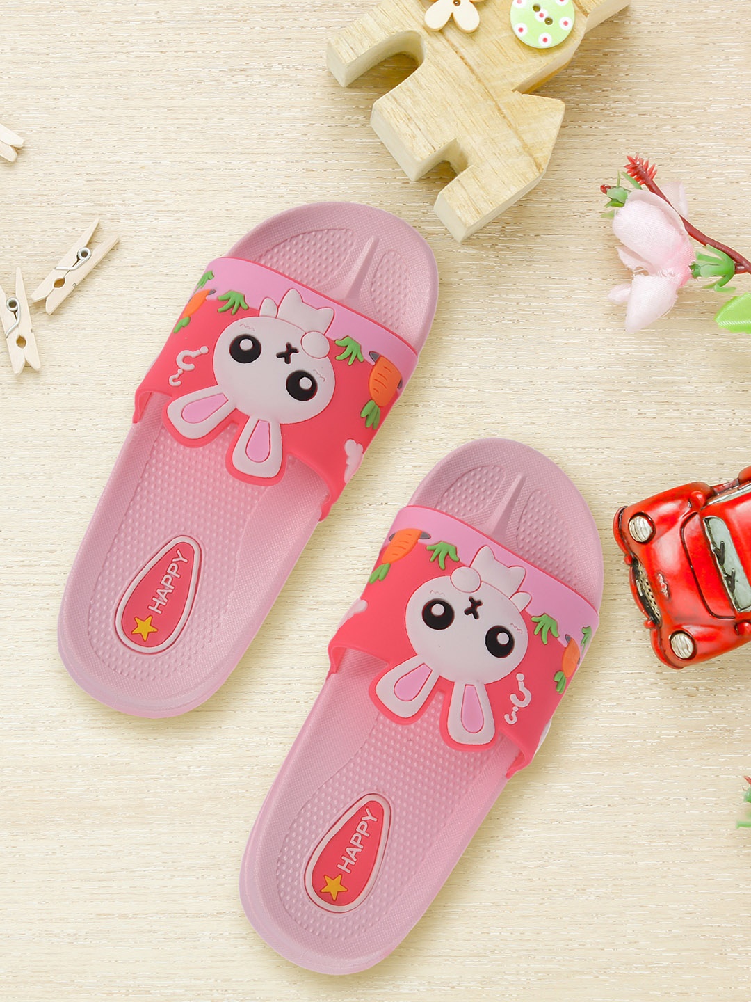 

Yellow Bee Girls Pink & Red Printed Rubber Sliders
