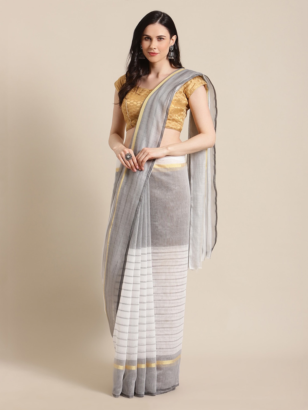 

KALINI White & Grey Striped Polycotton Saree