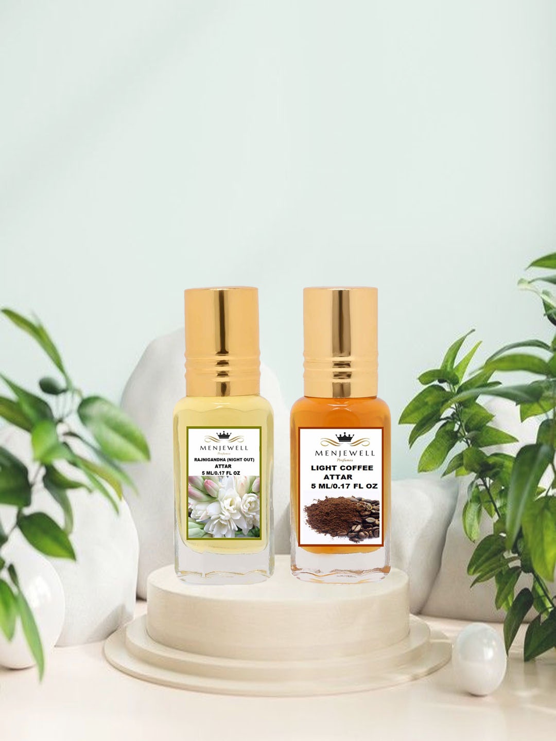 

Menjewell Pack of 2 Rajnigandha & Light Coffee Attar - 5ML Each, Transparent