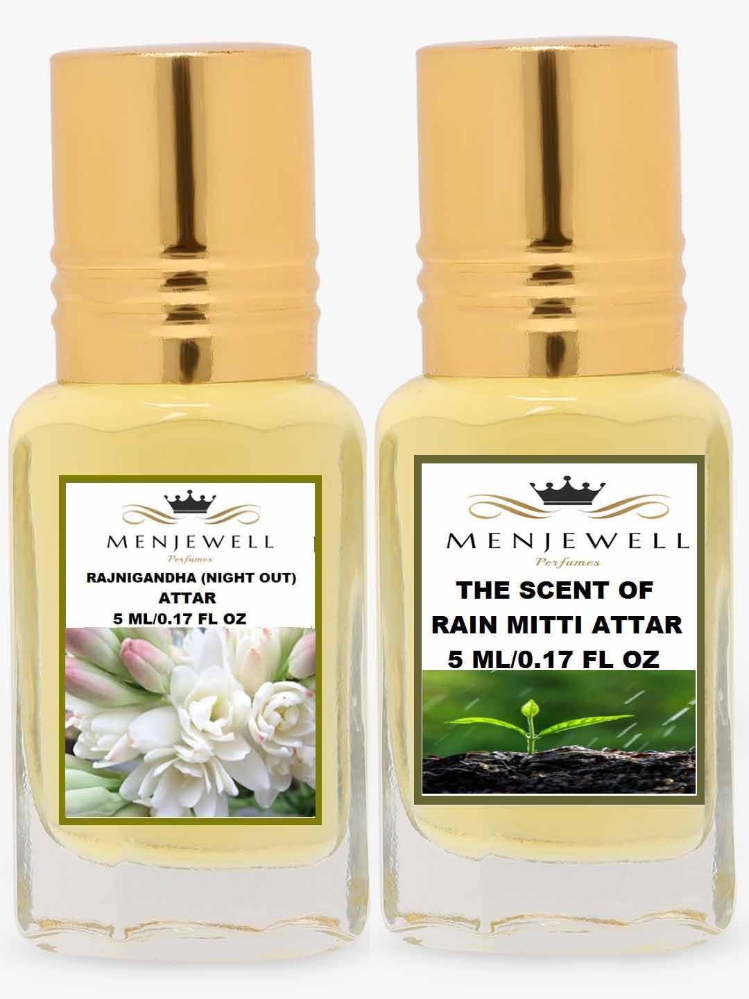 

Menjewell Pack of 2 Rajnigandha The Scent of Rain Mitti Attar 10 ml, Transparent