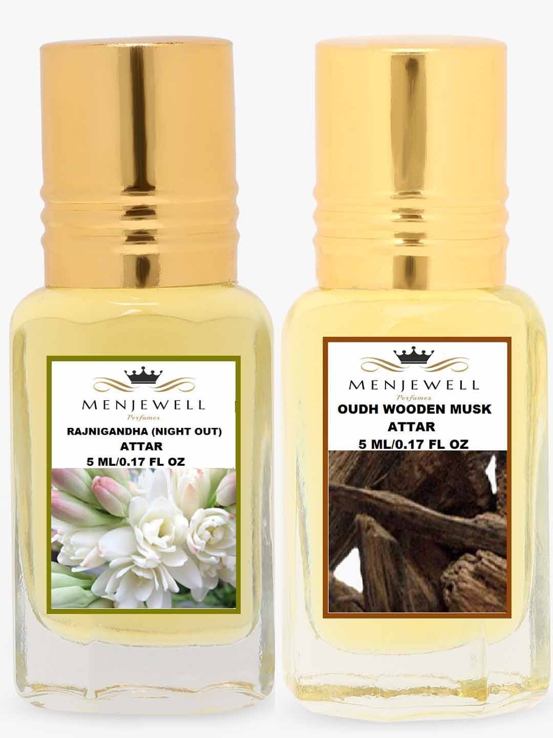 

Menjewell Set of 2 Rajnigandha & Oudh Wooden Musk Attar - 5 ml each, Transparent