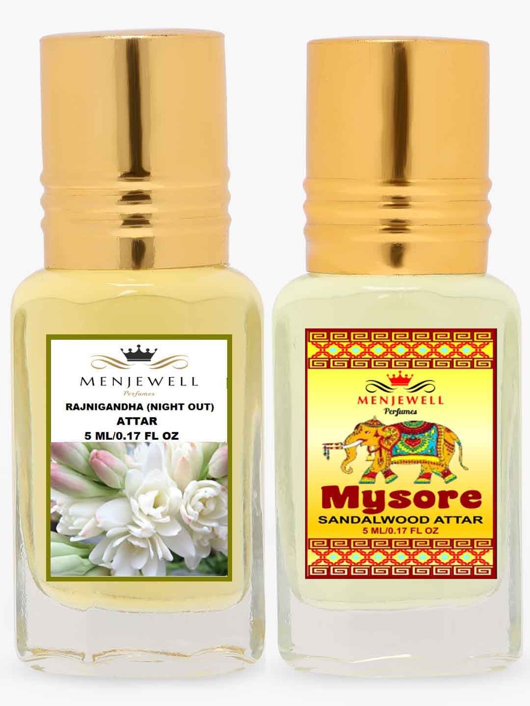 

Menjewell Pack of 2 Rajnigandha Mysore Sandalwood Attar 10 ml, Transparent