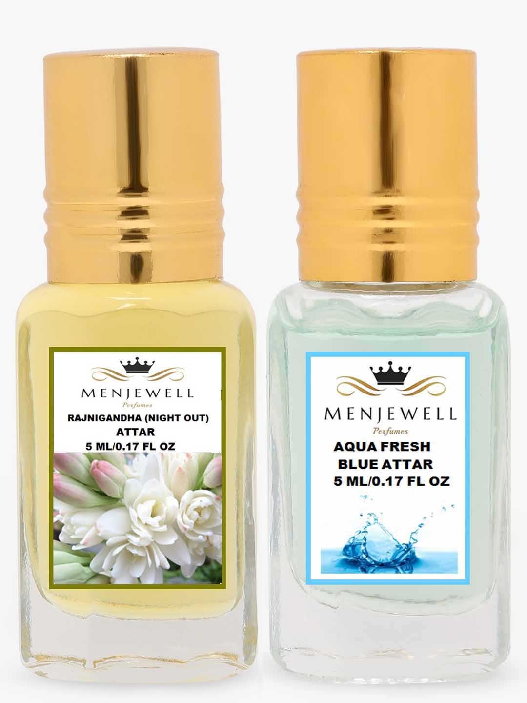 

Menjewell Pack of 2 Attar - Rajnigandha, Aqua Fresh Blue 5 ml Each, White