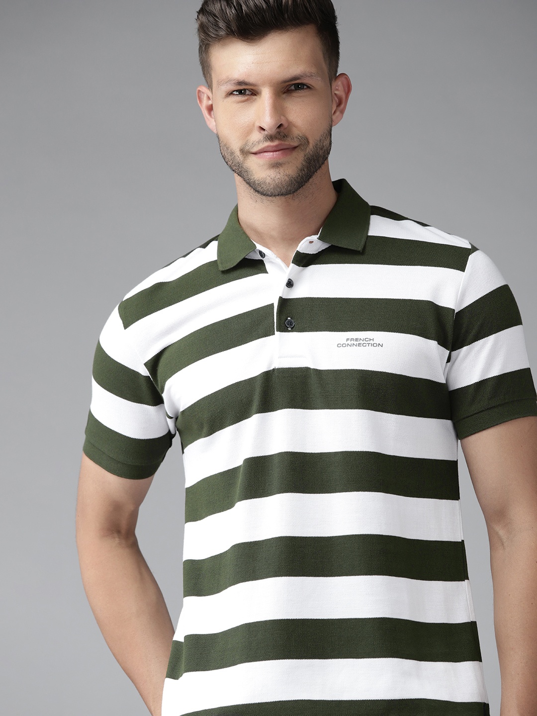 

French Connection Men Green & White Striped Polo Collar Cotton T-shirt