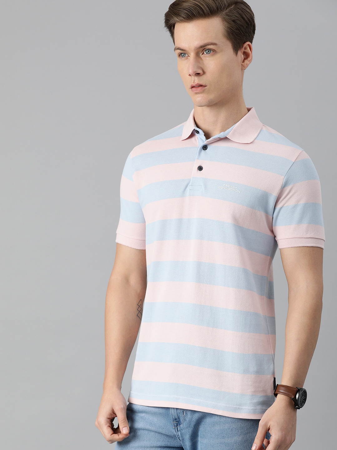 

French Connection Men Pink Blue Striped Polo Collar Slim Fit Pure Cotton T-shirt