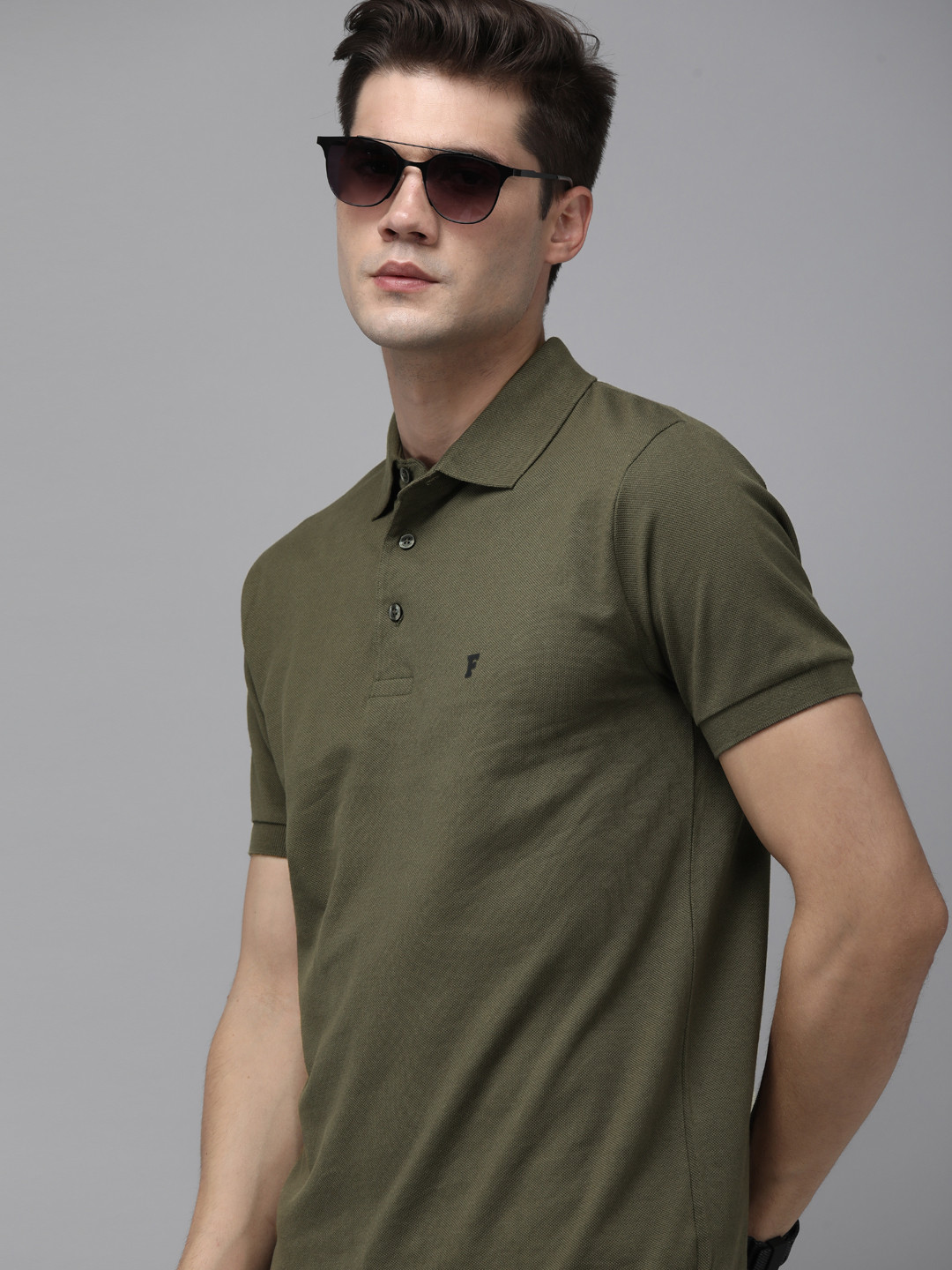 

French Connection Men Olive Green Polo Collar Slim Fit Pure Cotton T-shirt