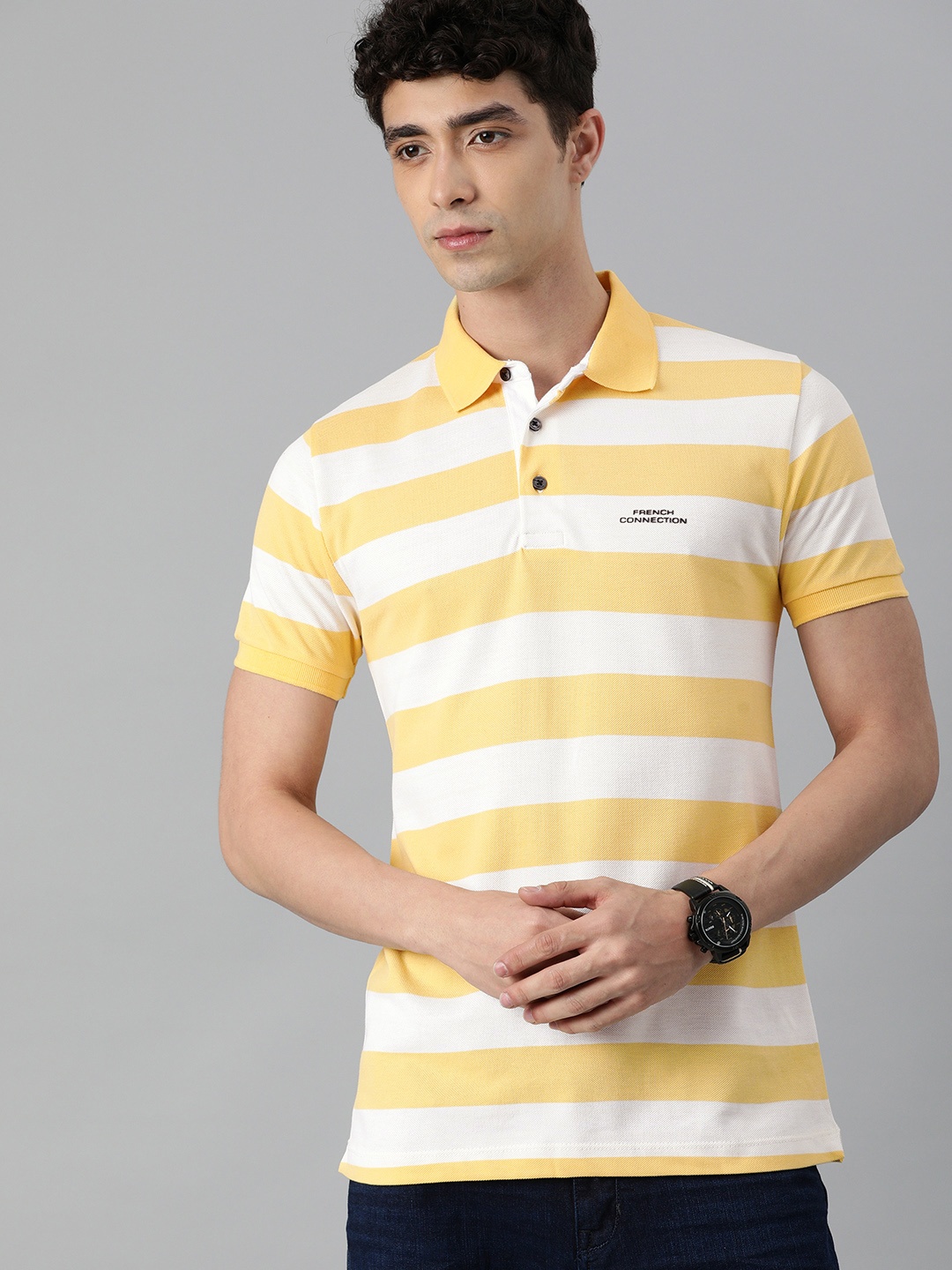 

French Connection Men Yellow White Striped Polo Collar Slim Fit Pure Cotton T-shirt