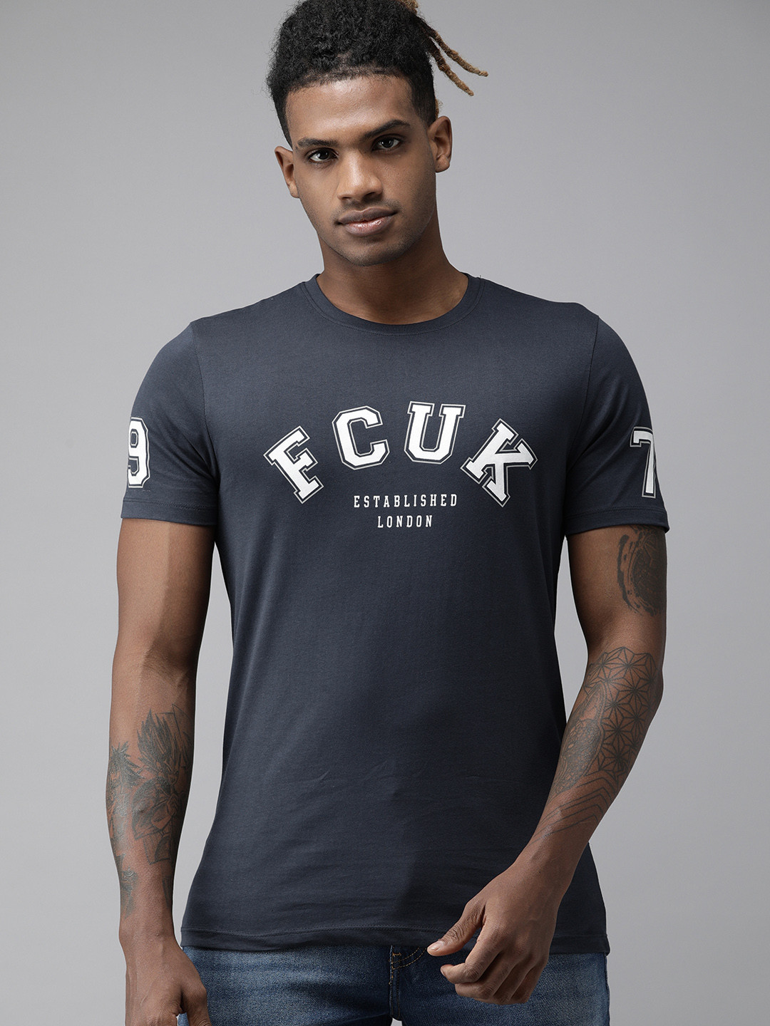 

French Connection Men Navy Blue Brand Logo Printed Slim Fit Pure Cotton T-shirt