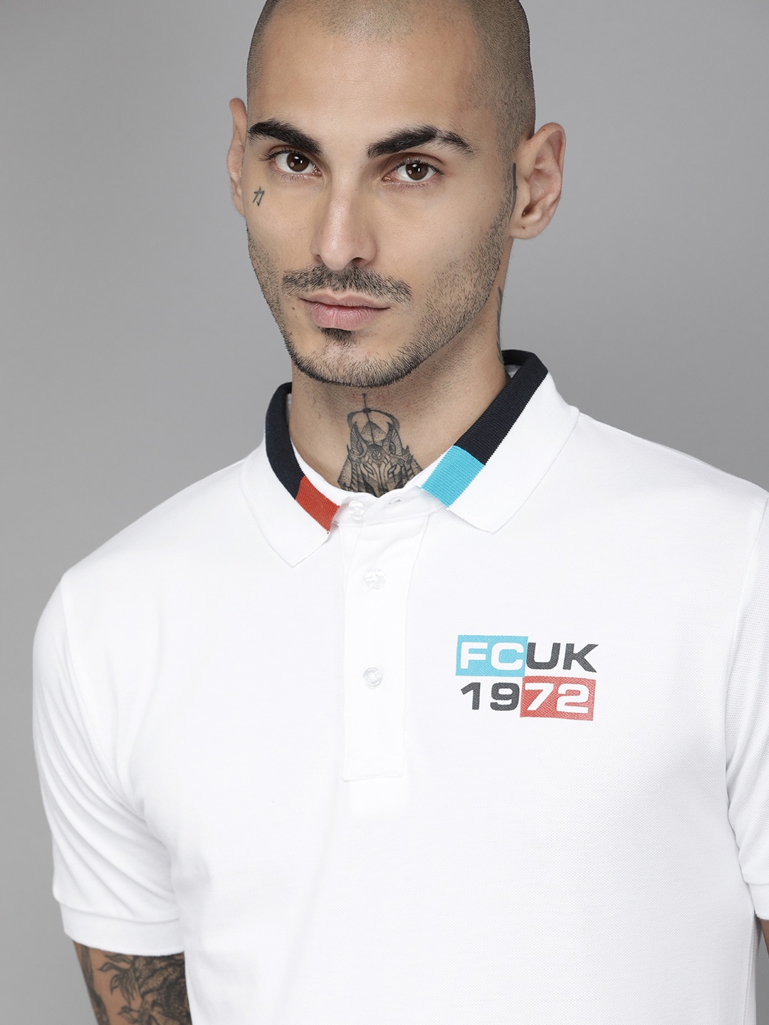 

French Connection Men White Brand Logo Printed Polo Collar Slim Fit Pure Cotton T-shirt