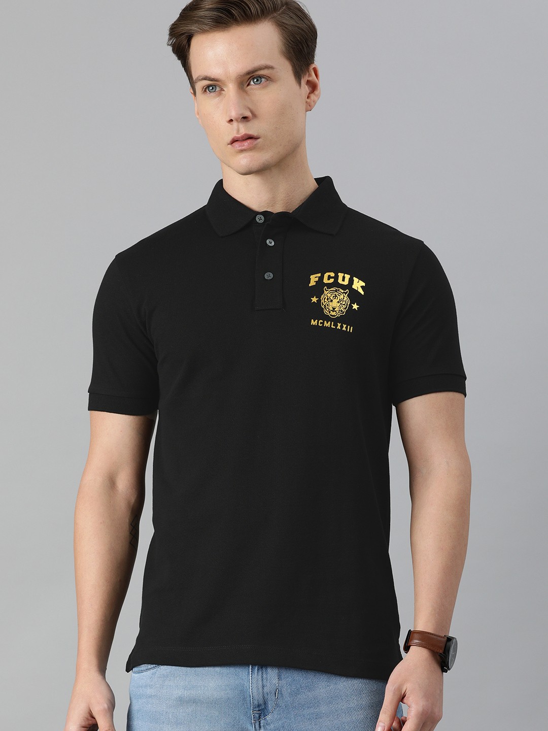 

French Connection Men Black Printed Polo Collar Slim Fit Pure Cotton T-shirt