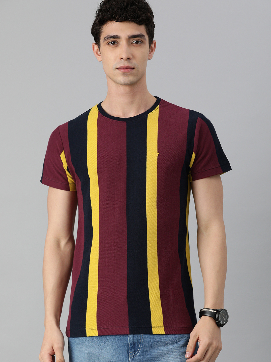 

French Connection Men Maroon Yellow Striped Slim Fit Pure Cotton T-shirt