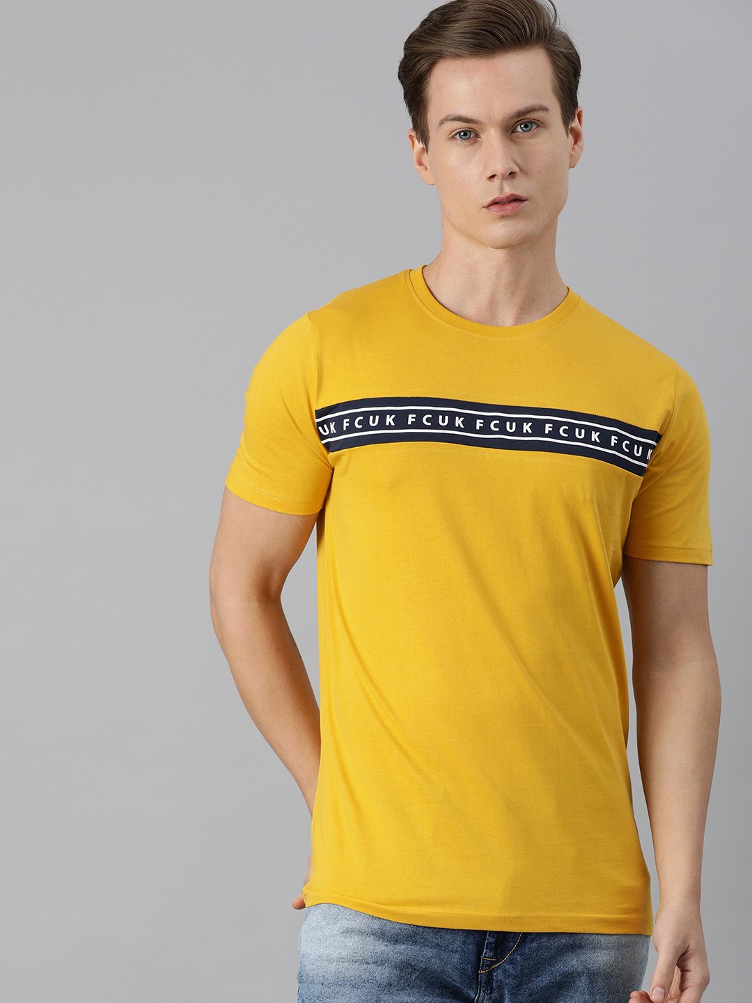 

French Connection Men Mustard Yellow Typography Printed Slim Fit Pure Cotton T-shirt