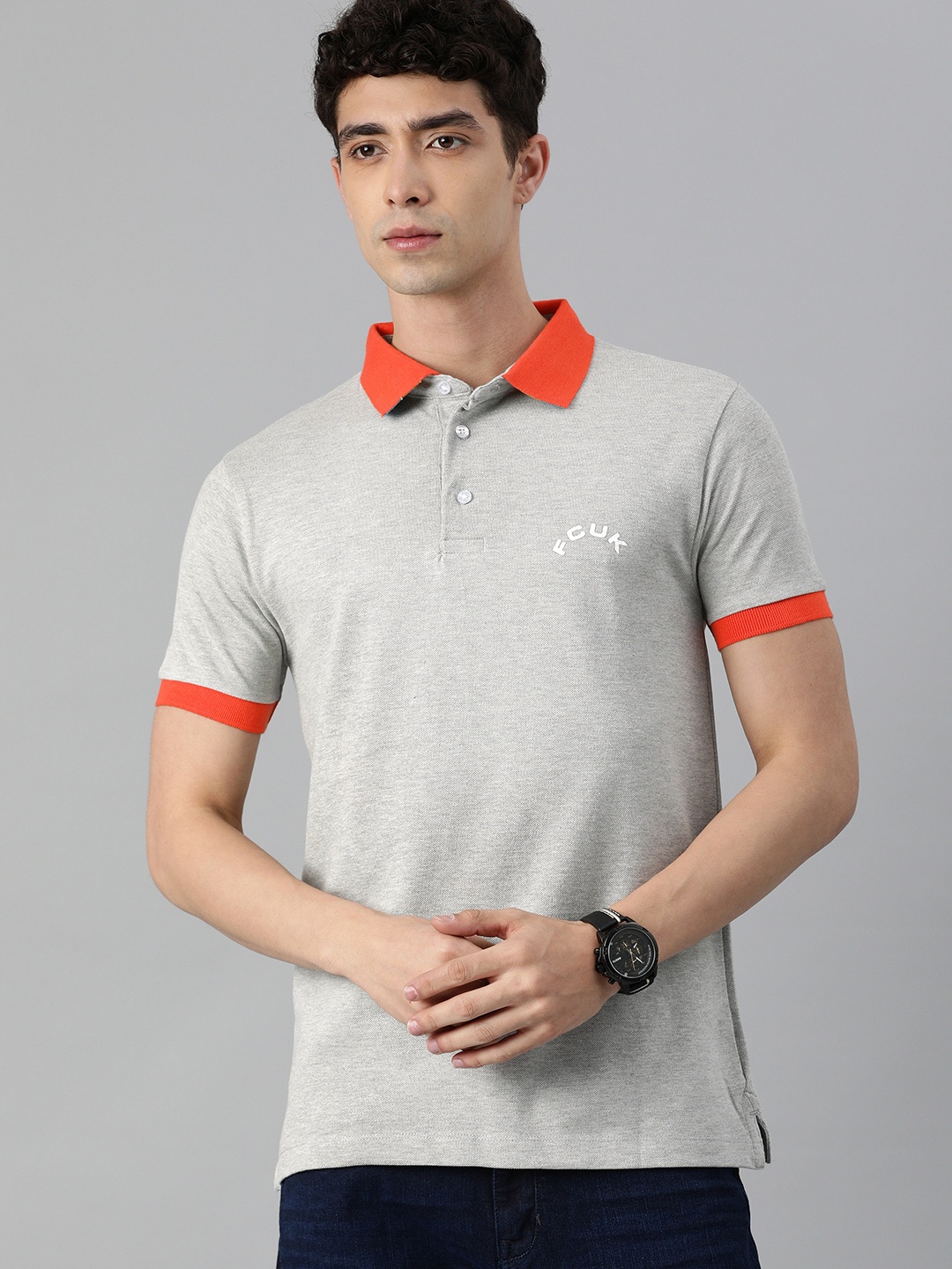 

French Connection Men Grey Melange Printed Polo Collar Slim Fit Pure Cotton T-shirt