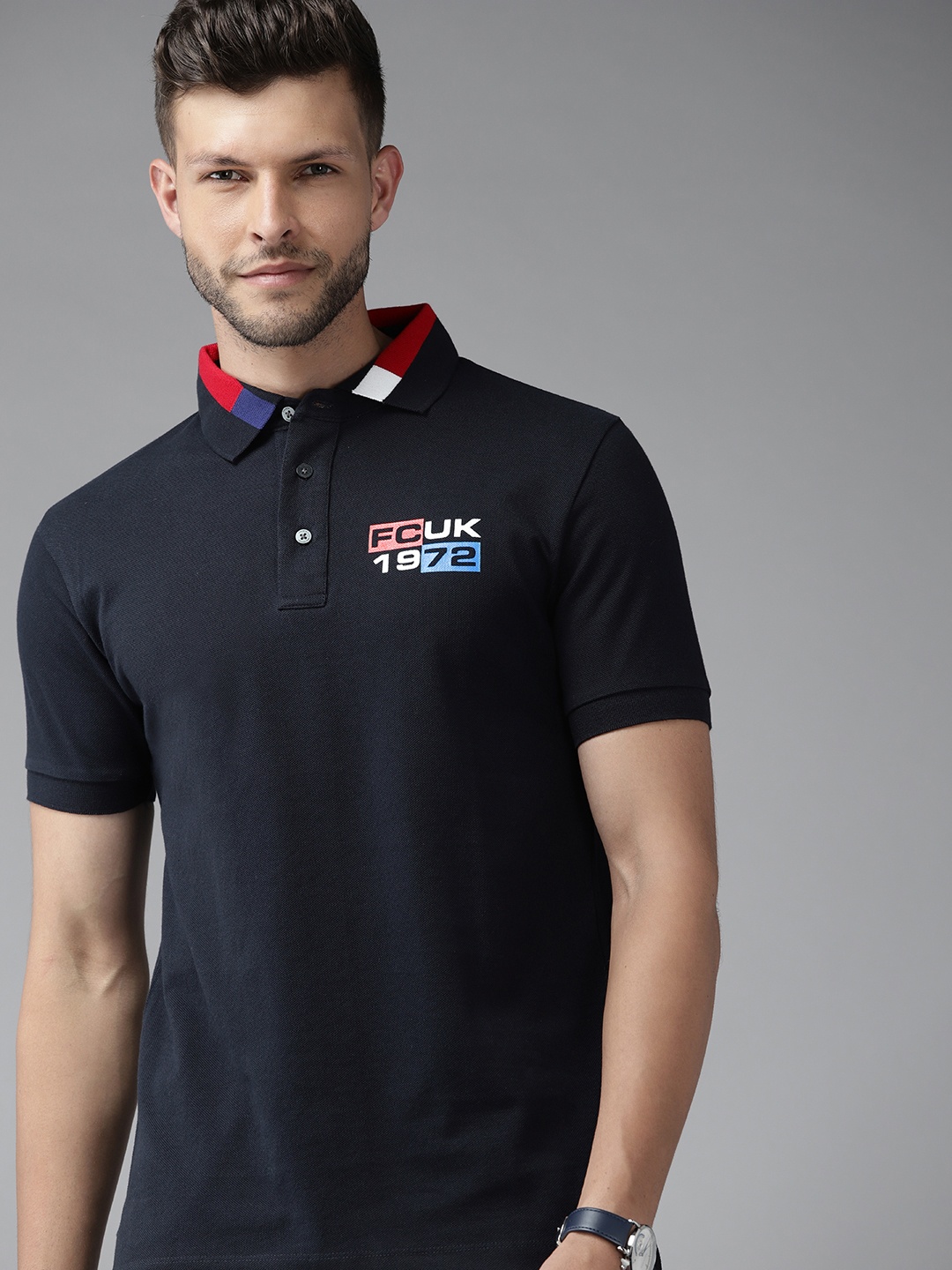 

French Connection Men Navy Blue Brand Logo Printed Polo Collar Slim Fit T-shirt