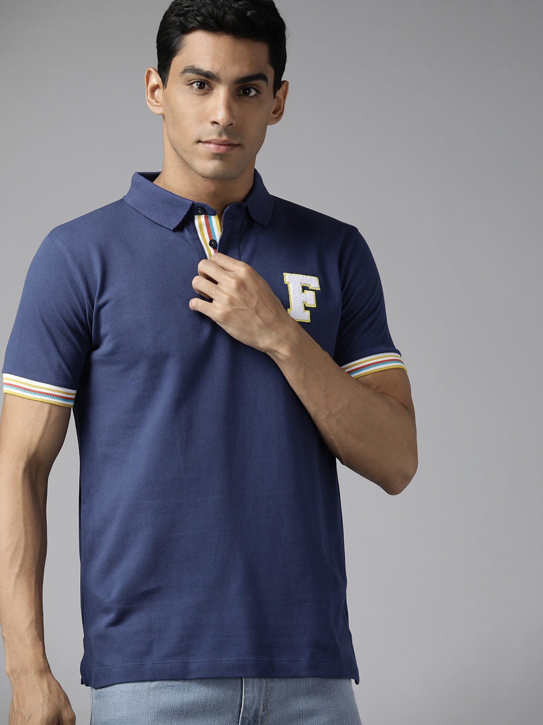 

French Connection Men Blue Solid Polo Collar T-shirt