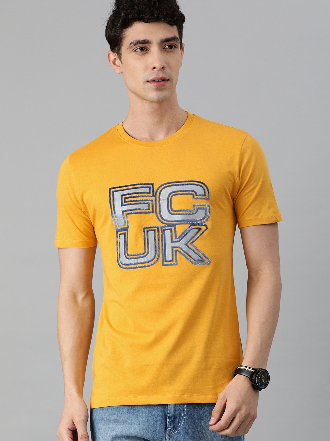 

French Connection Men Mustard Yellow Brand Logo Printed Slim Fit Pure Cotton T-shirt