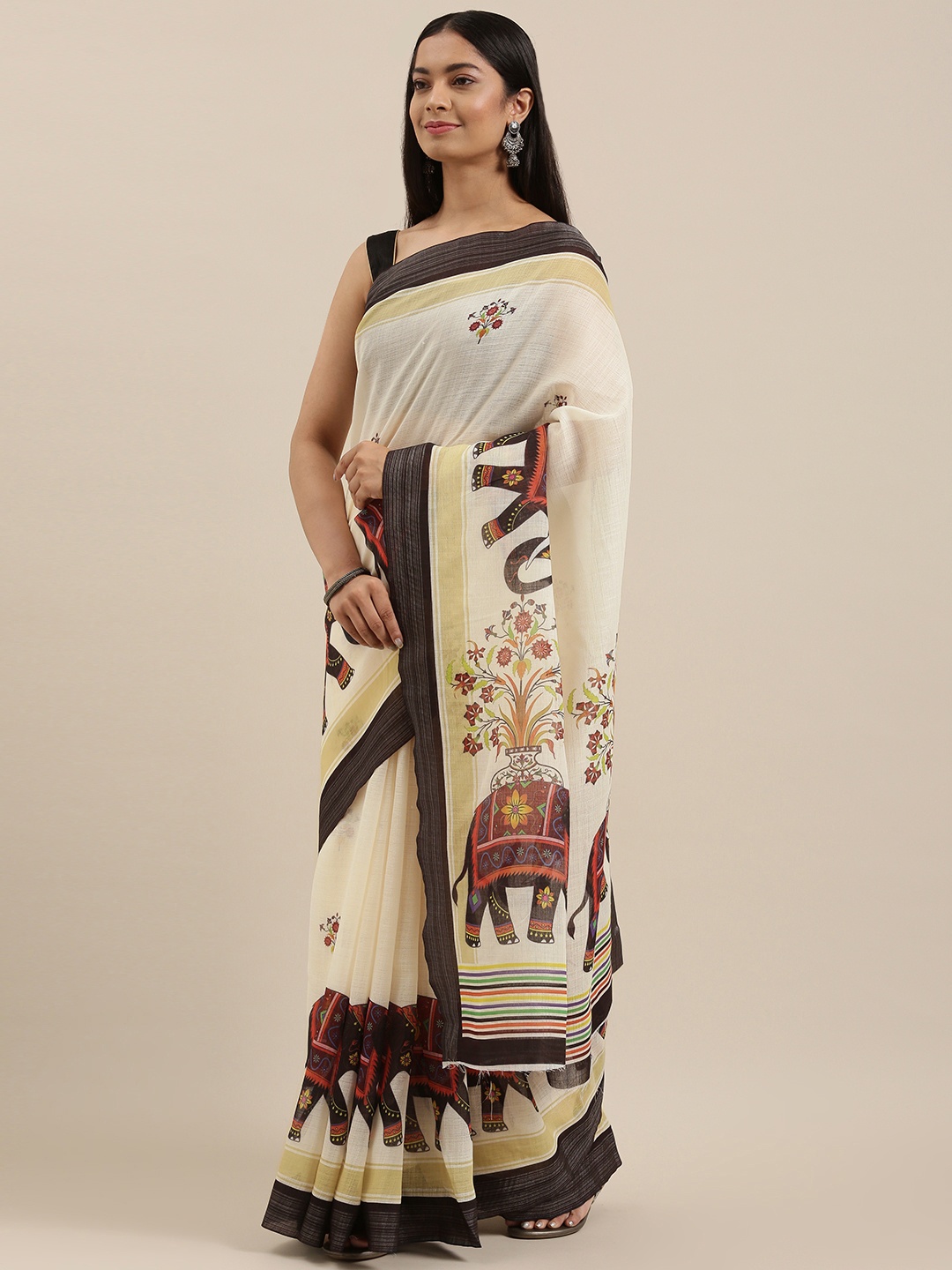 

cbazaar Cream Linen Cotton Saree With Unstitched Blouse Piece