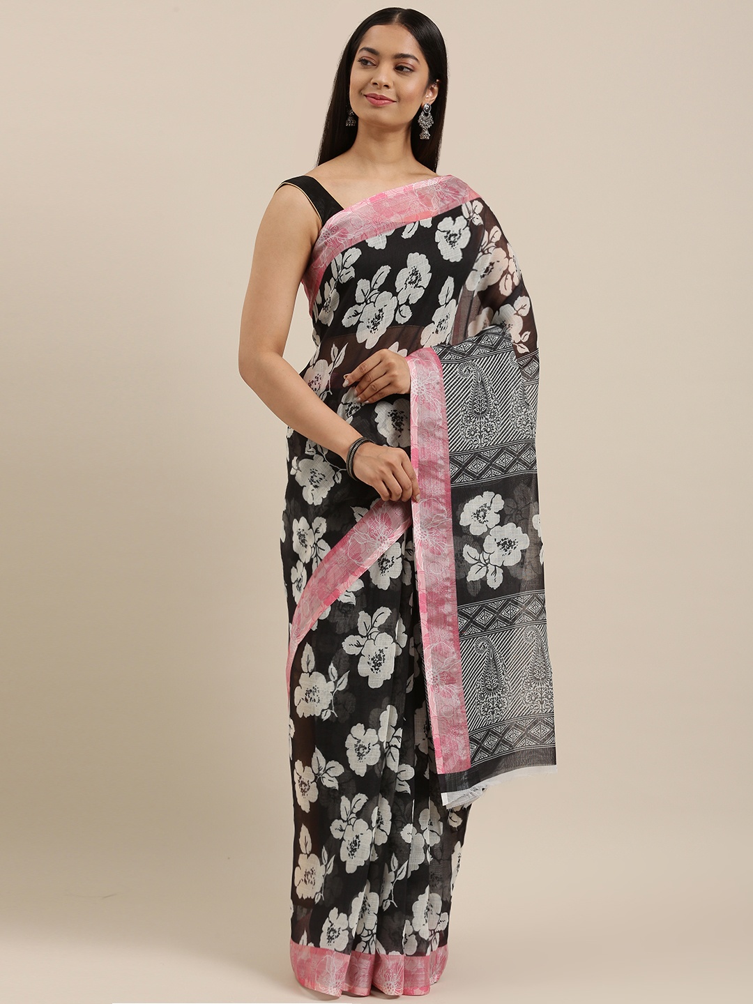 

cbazaar Black & White Linen Cotton Saree With Unstitched Blouse Piece