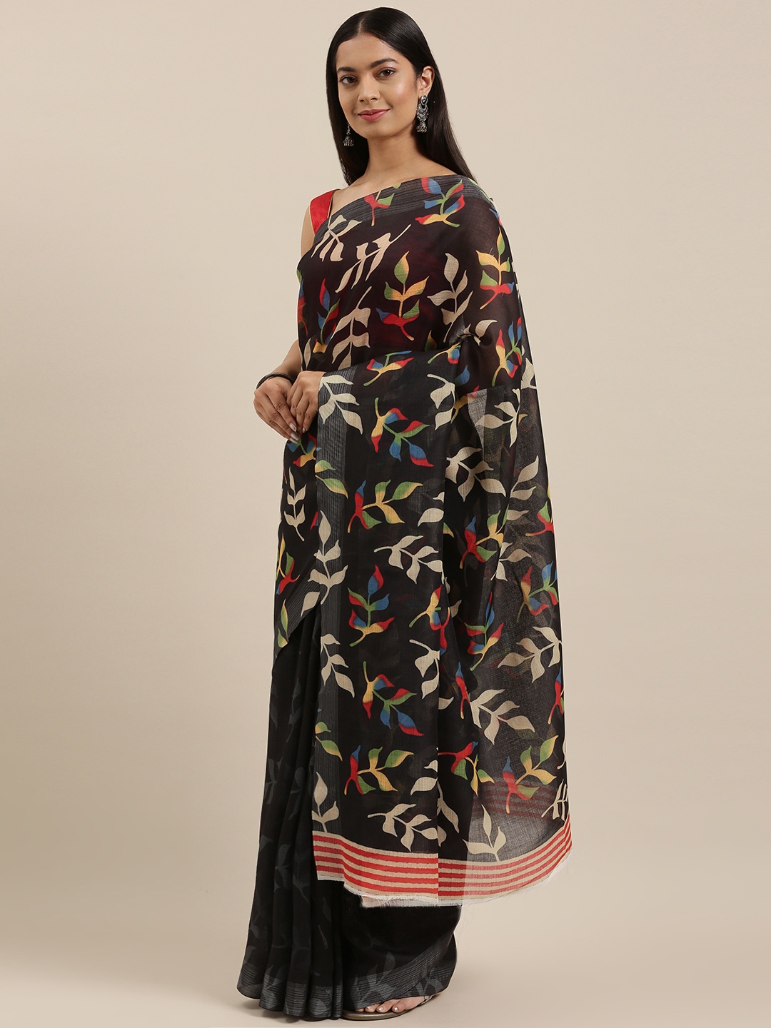 

cbazaar Black Linen Cotton Saree With Unstitched Blouse Piece