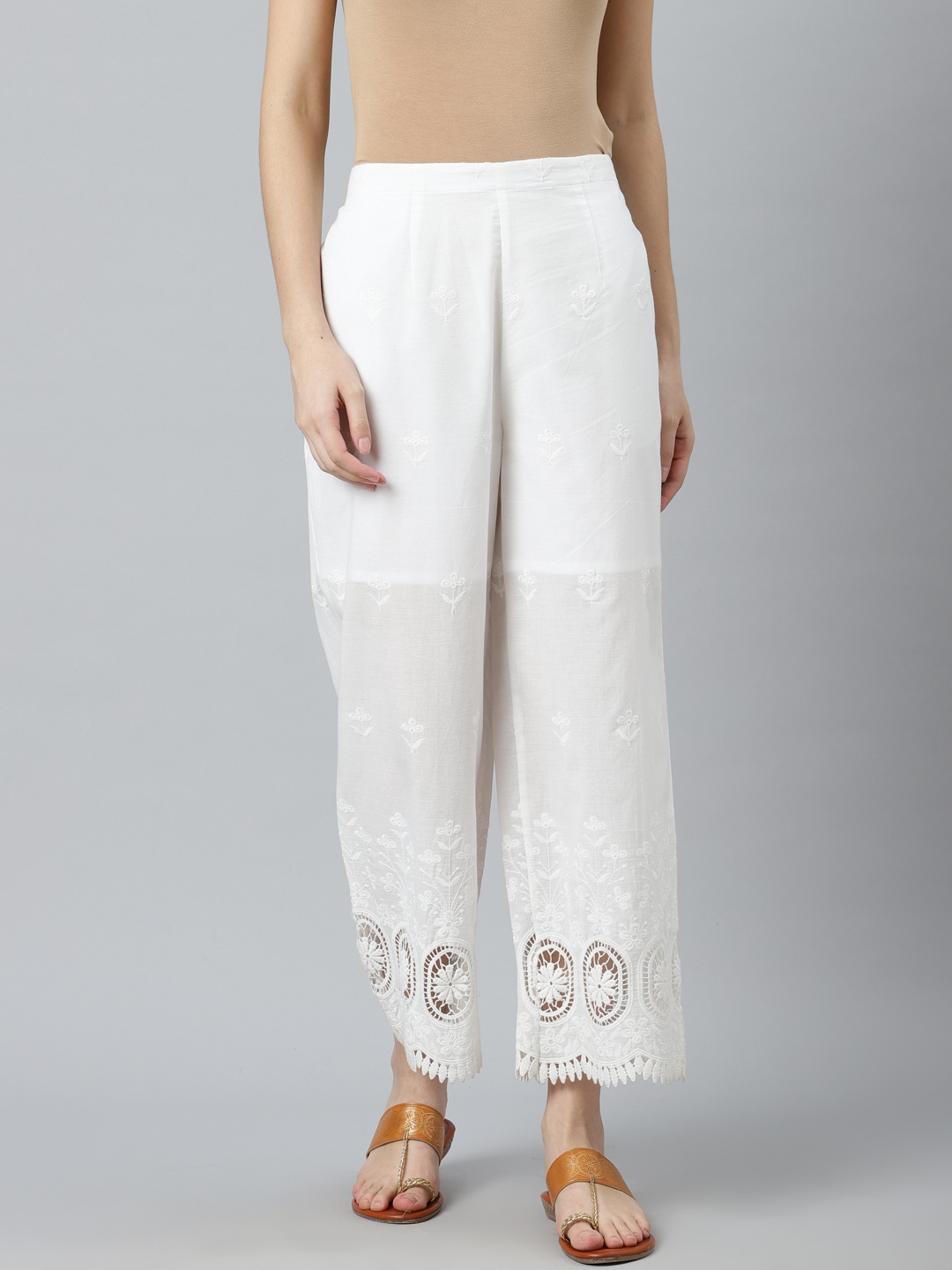 

Libas Women White Floral Embroidered Ethnic Palazzos