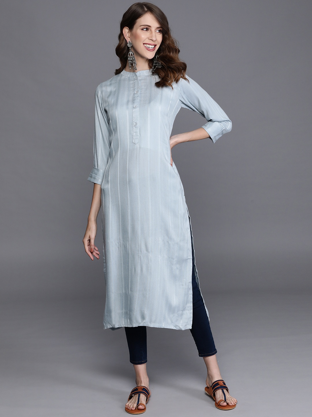 

Libas Women Grey & Off White Striped Kurta