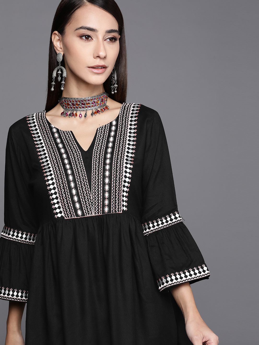 

Libas Black & White Ethnic Motifs Yoke Design Bell Sleeves Kurti
