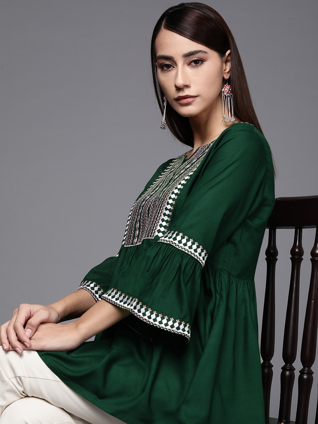 

Libas Green & White Yoke Embroidered Bell Sleeves A-line Kurti