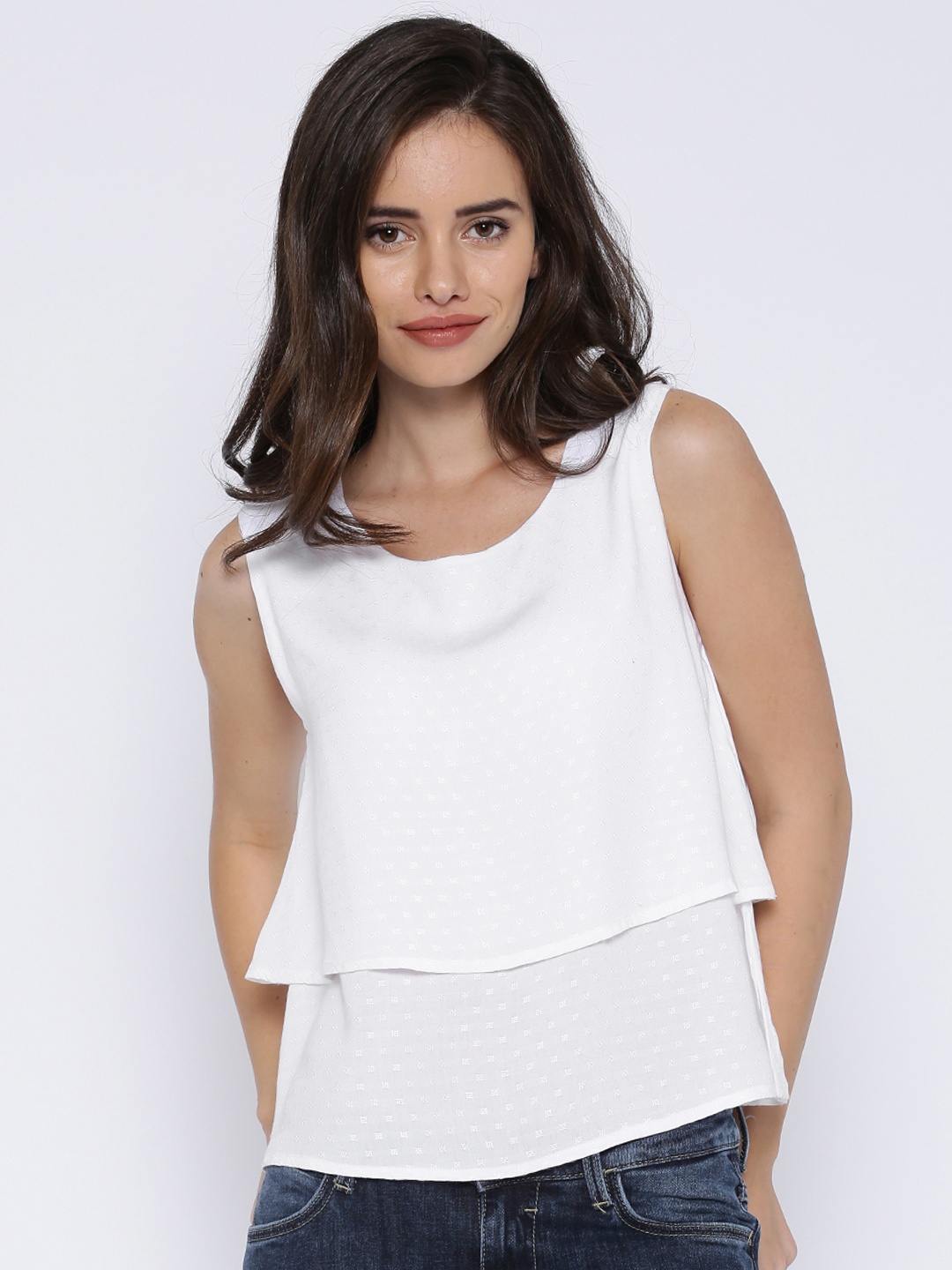 

Tokyo Talkies Women White Dobby Weave Layered Top