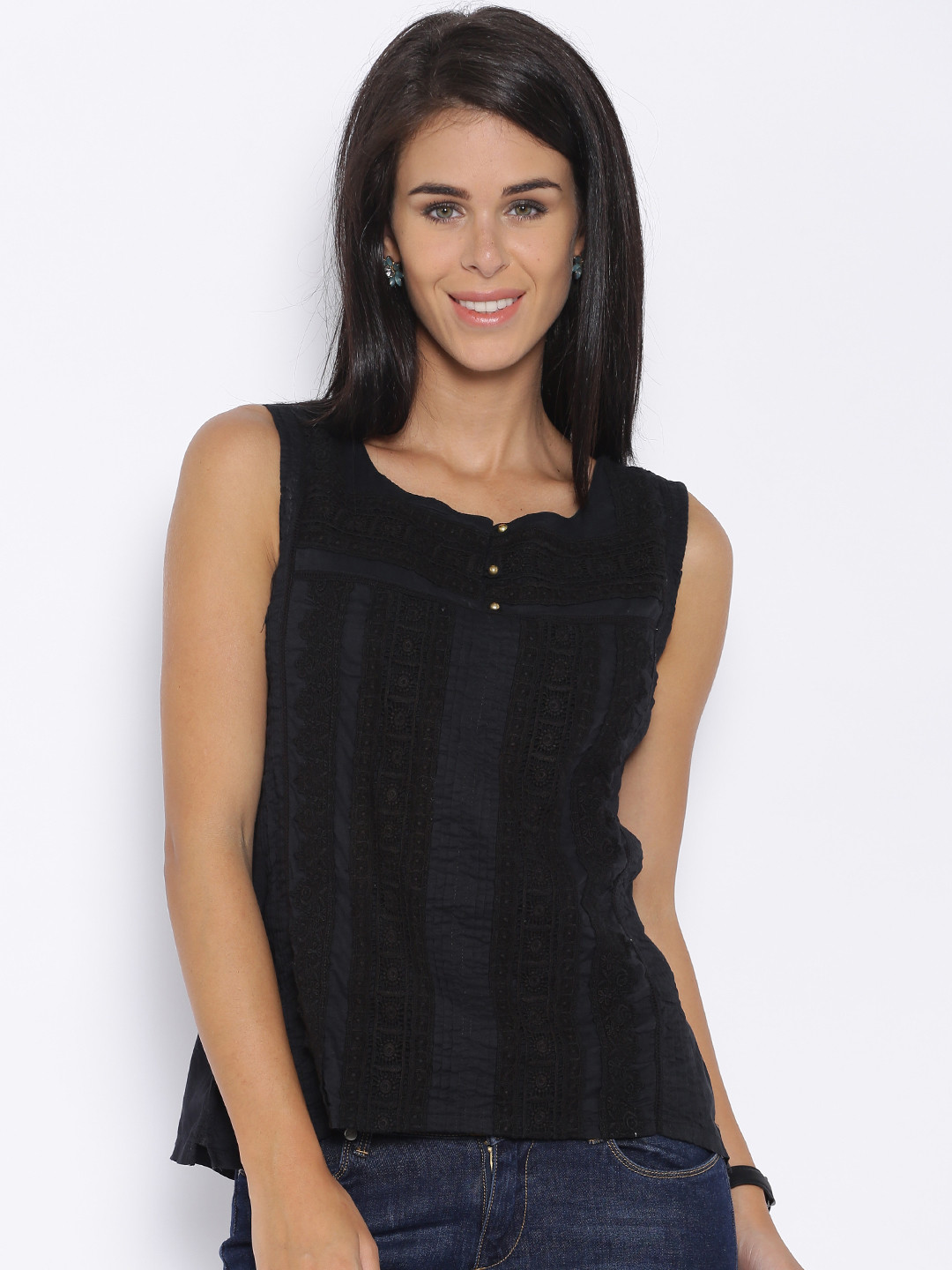 

Tokyo Talkies Women Black Lace Regular Top