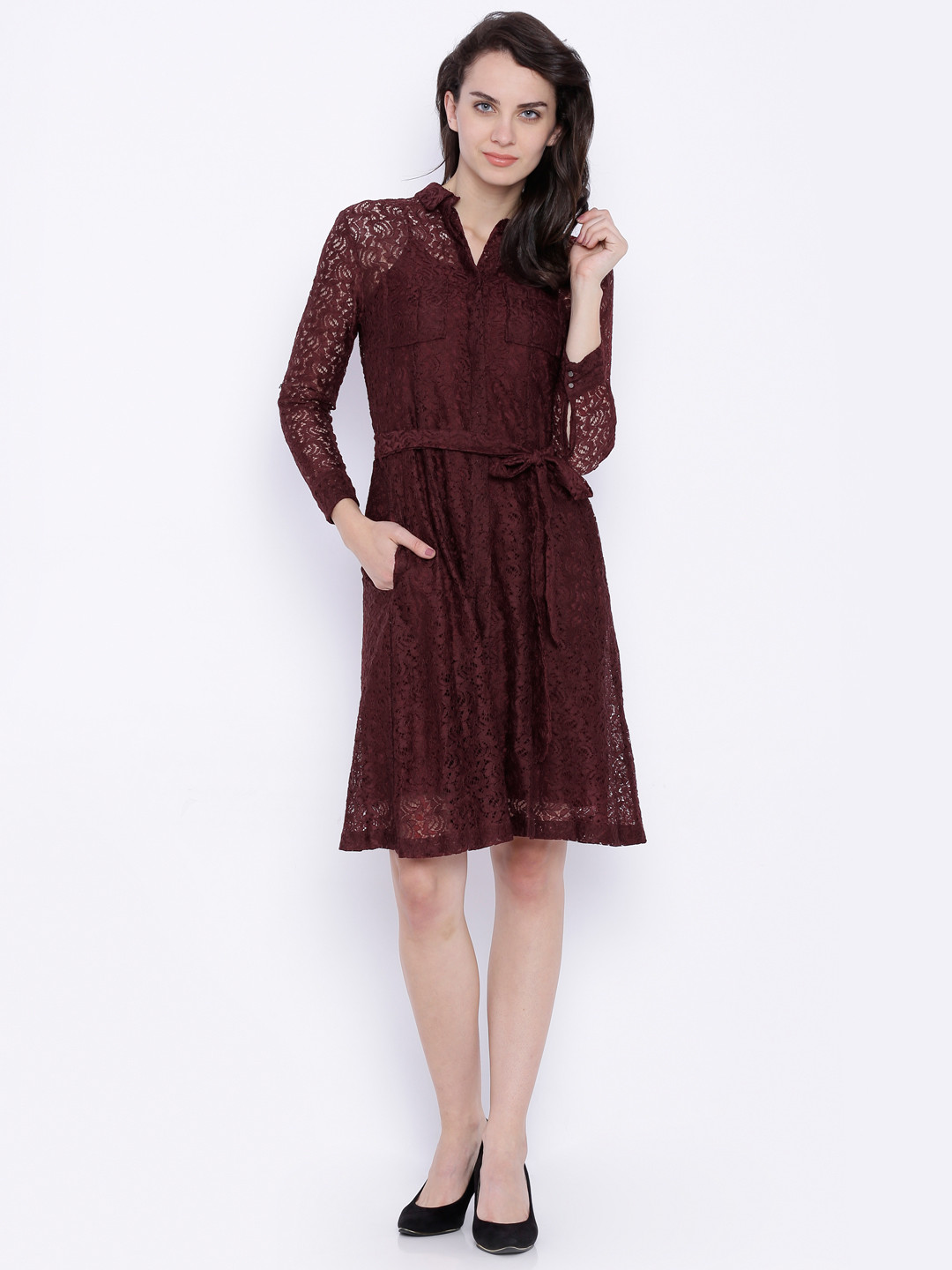 

Tokyo Talkies Women Maroon Lace A-line Dress