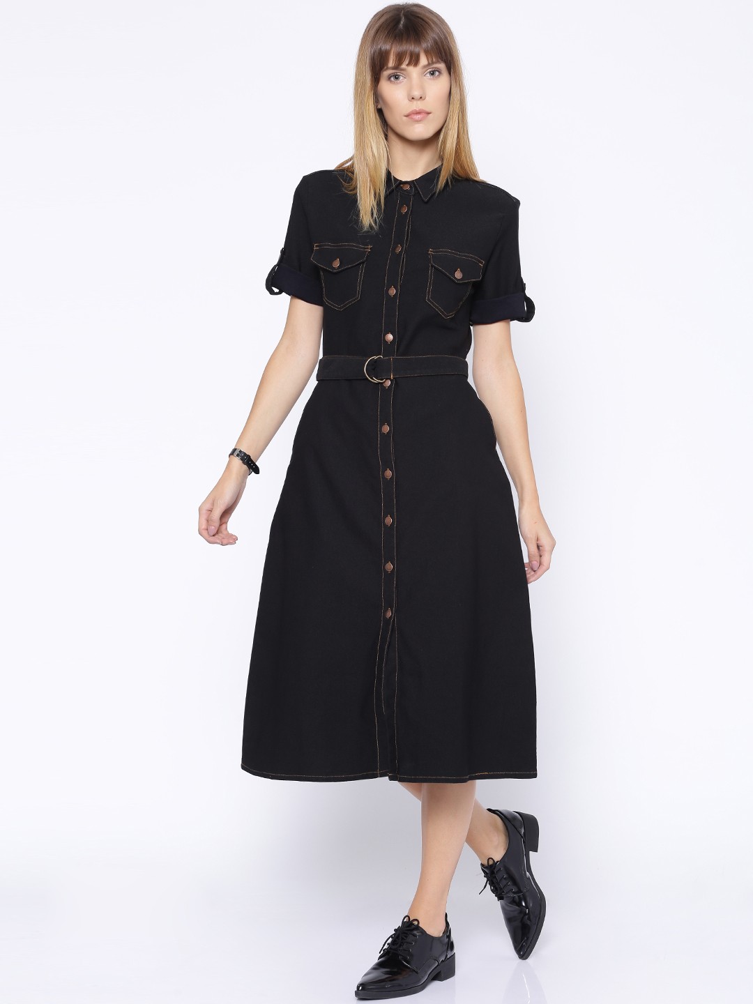 

Tokyo Talkies Black Denim Shirt Style Midi Dress