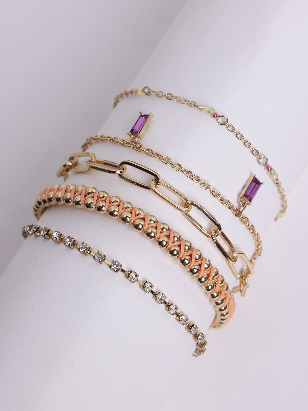 

VOGUE PANASH Women Set Of 6 Gold-Plated & Pink Handcrafted Charm Bracelets