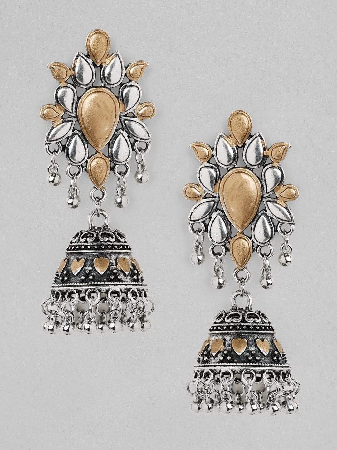 

Rubans Women Silver & Gold-Toned Oxidised Handcrafted Dome Shaped Jhumkas Earrings