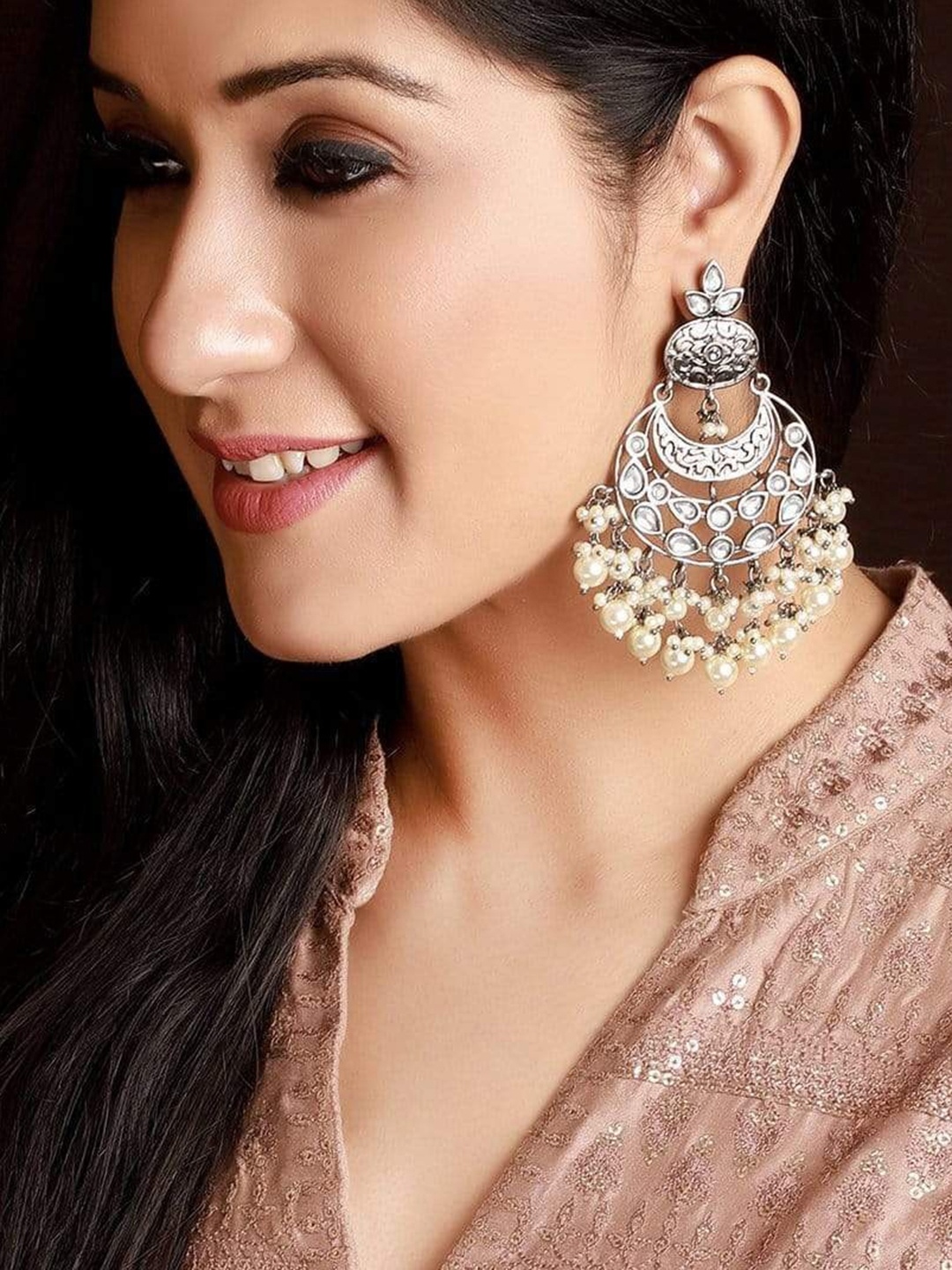 

Rubans Women Silver Plated & Handcrafted Pearl Chandbali Earrings