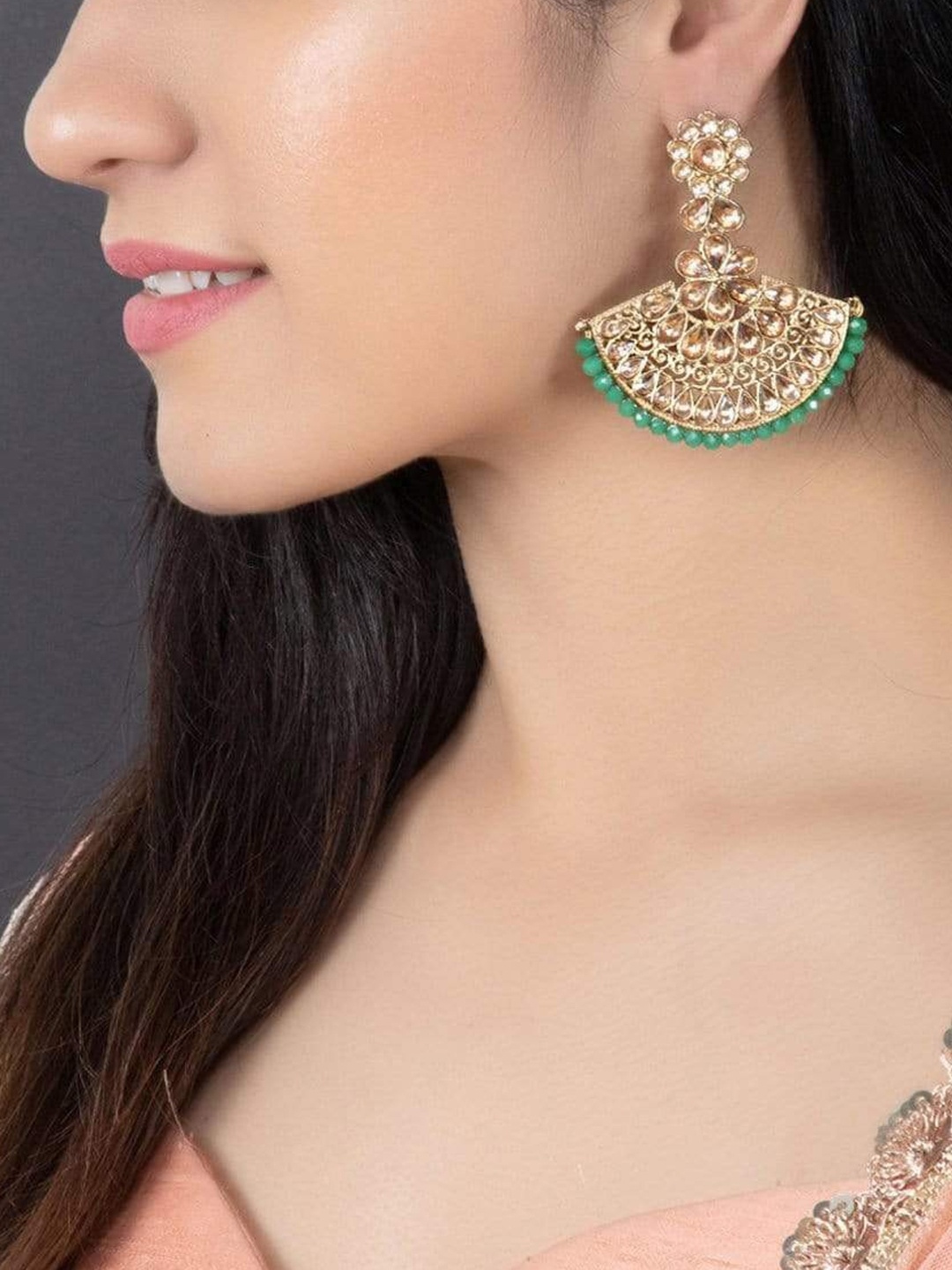 

Rubans Gold-Plated & Green AD Studded & Beaded Classic Statement Chandbalis Earrings