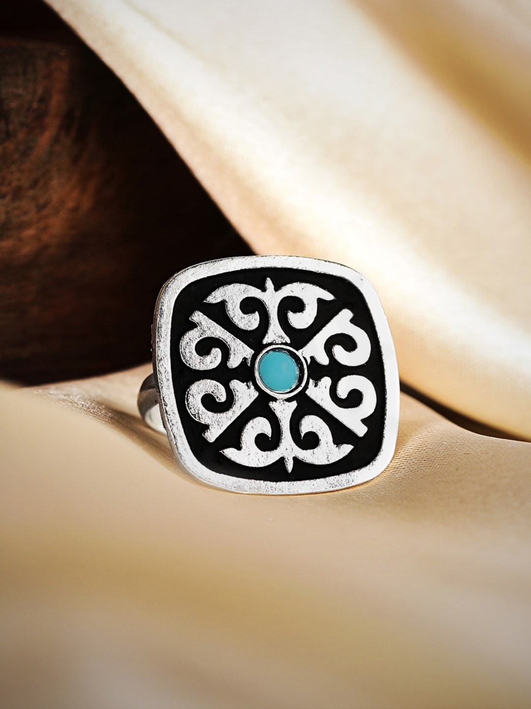 

Rubans Oxidized Silver-Plated Stone Studded Handcrafted Adjustable Finger Ring
