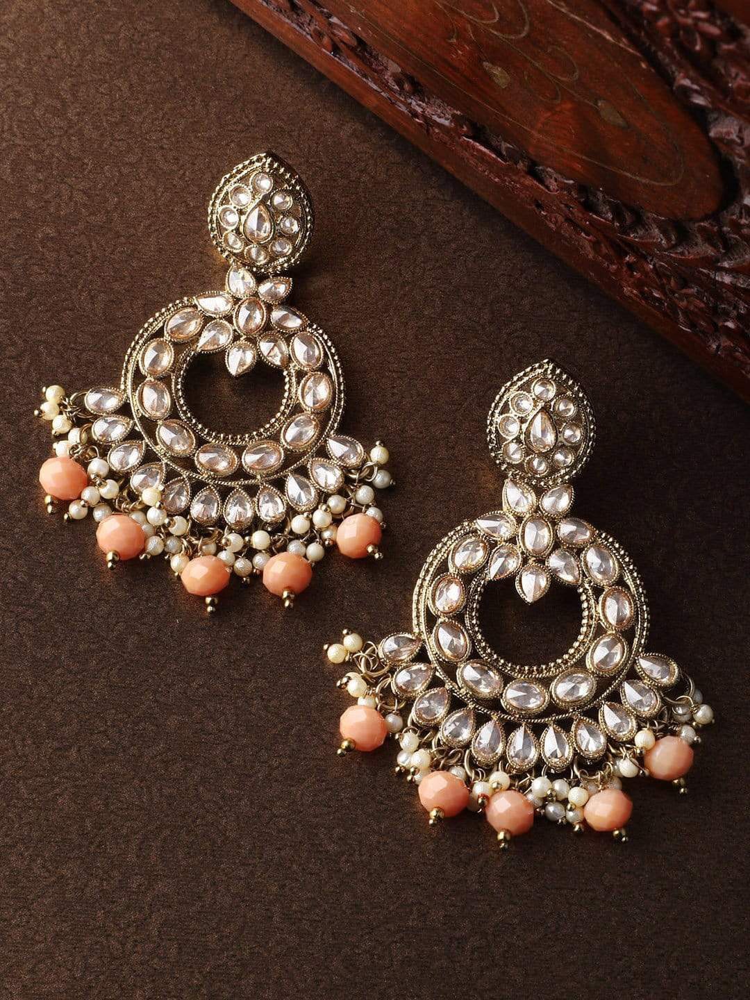 

Rubans Gold Toned & Kundan Studded & Pearl Hangings Handcrafted Chandbalis Earrings