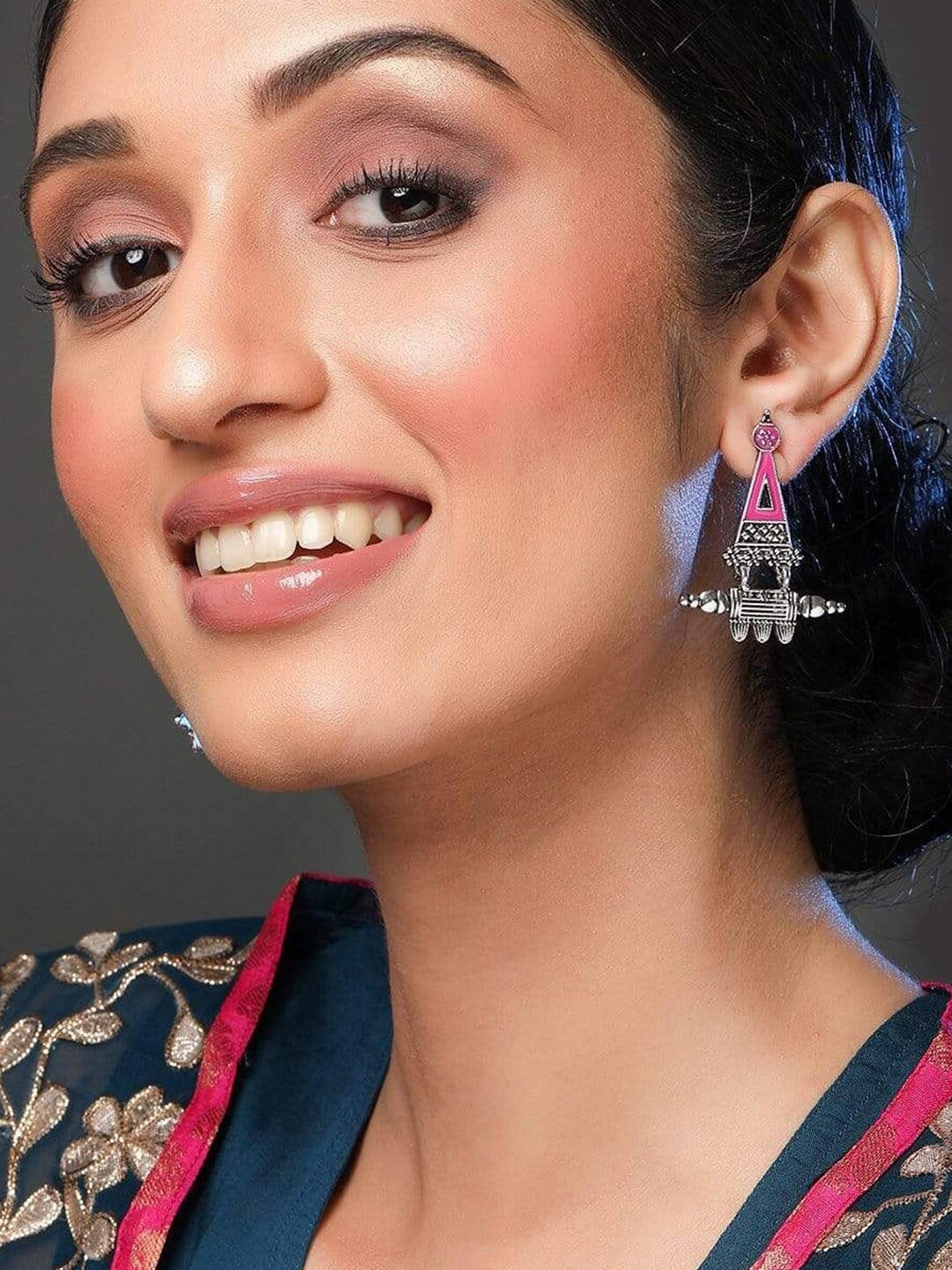 

Rubans Oxidized Silver Plated Pink Enamel Geometric Traditional Drop Earrings