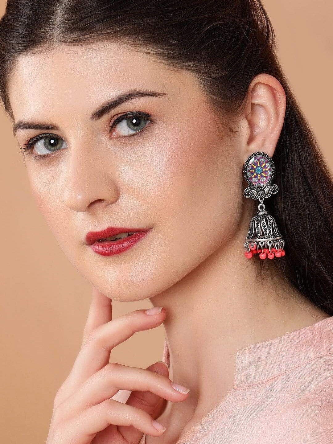 

Rubans Silver Plated Ethnic Oxidised Handcrafted Jhumka Earrings